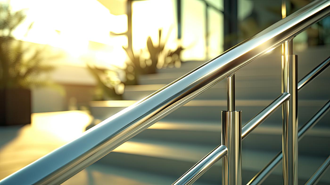 A luxury home featuring aluminum handrails on the terrace, enhancing the modern architecture